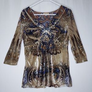 One World Velvet Sequin Empire Top‎ Women Medium Brown Paisley Fairy Grunge Y2K
